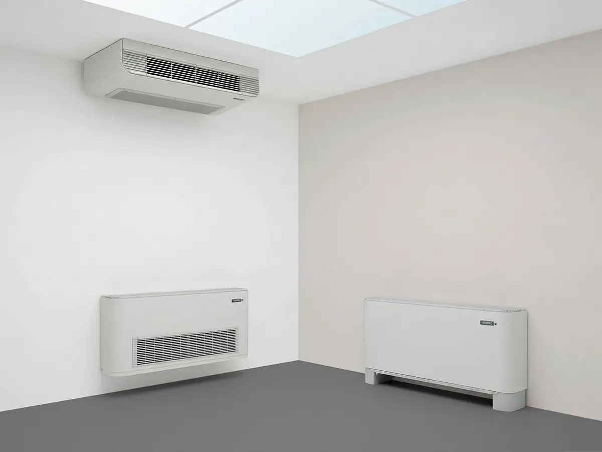 Render di una stanza con due FCX, uno a soffitto e uno a pavimento