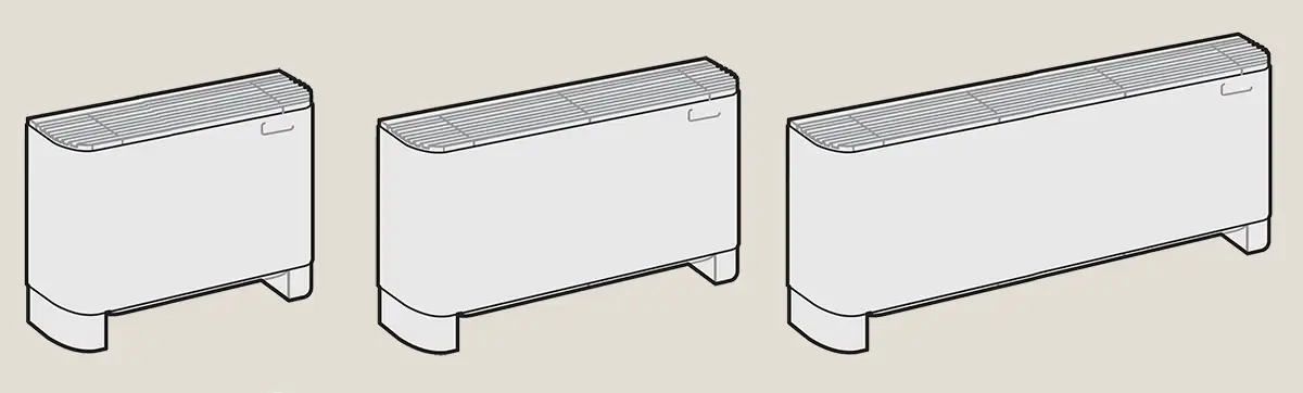 Disegno dei tre ventilconvettori FCX affiancati: stessa sezione, tre lunghezze diverse