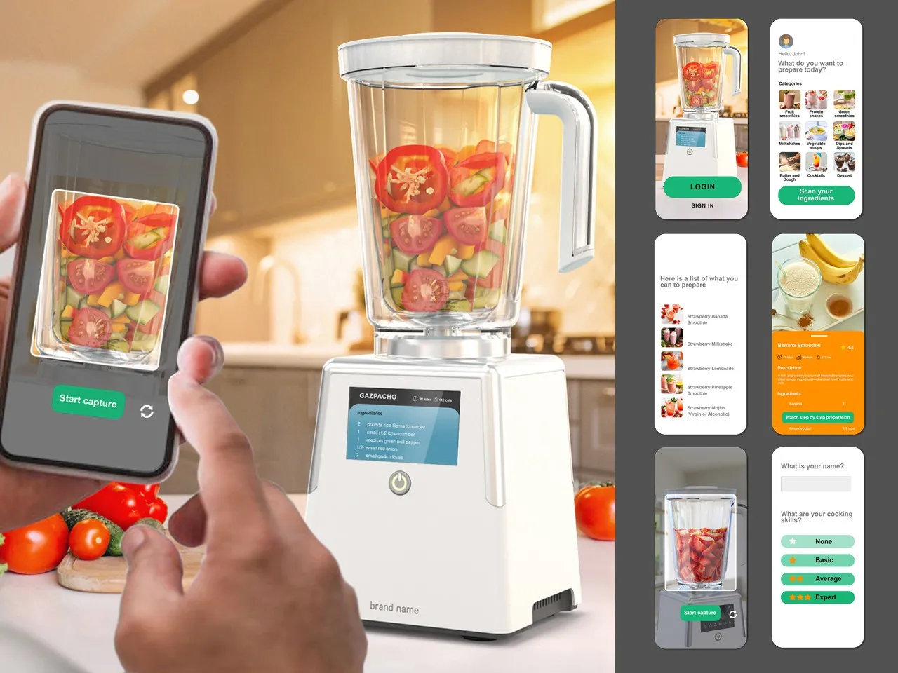 Lo smartphone inquadra gli ingredienti nel bicchiere del frullatore; a destra, sei schermate dell’app