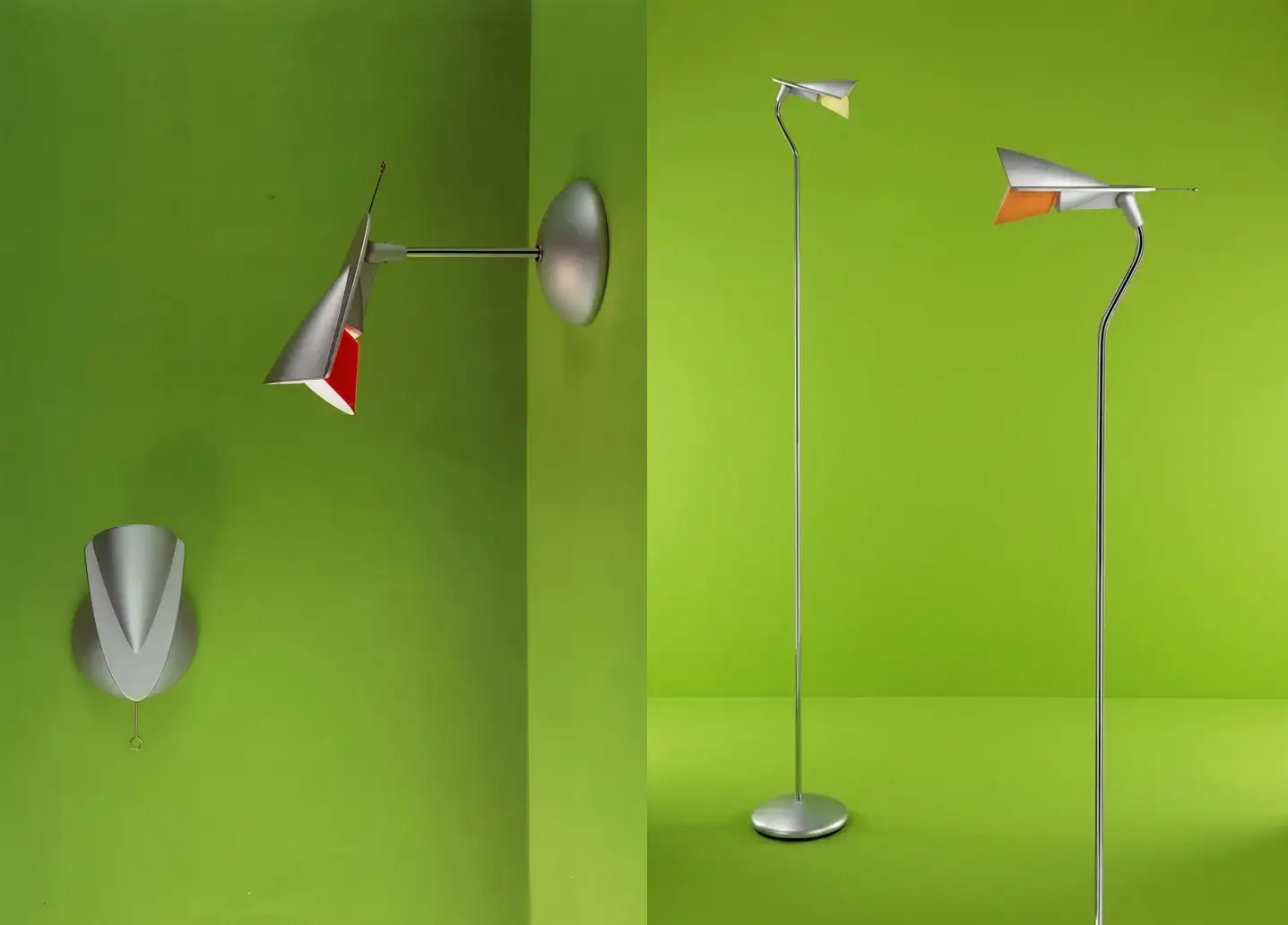 Lampade Beverly da parete e da terra con riflettore ad ala, su fondo verde, Tronconi