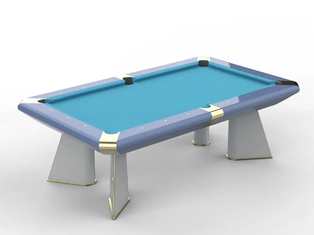 Render del biliardo con sponde lilla e dettagli dorati