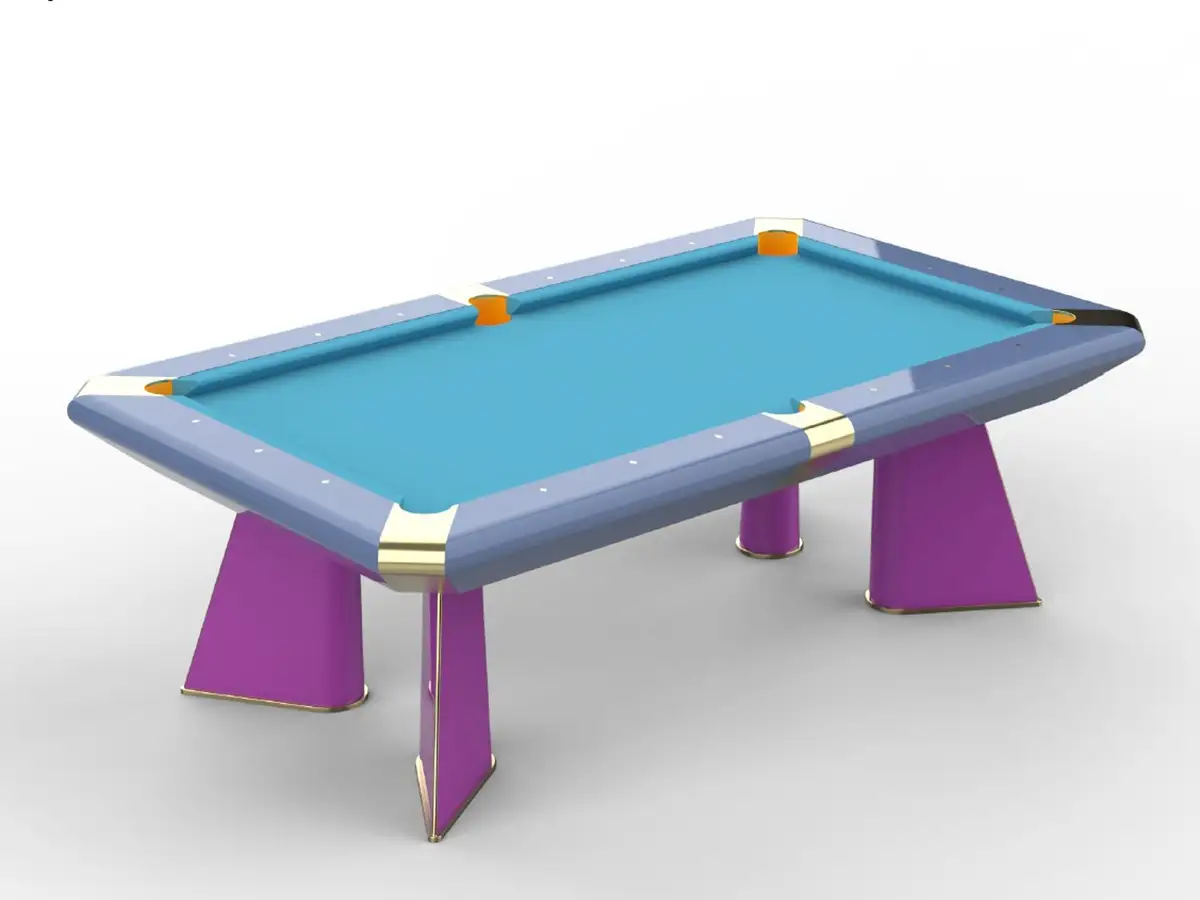 Render del biliardo con sponde lilla e gambe viola