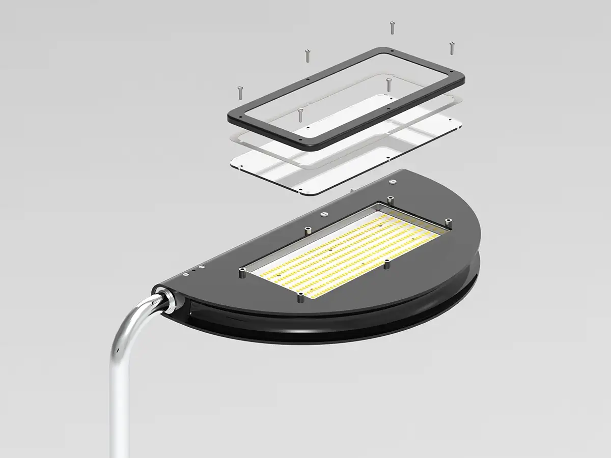 Esploso della testa DCW éditions: scocca in lamiera, modulo LED, dissipatore e schermo