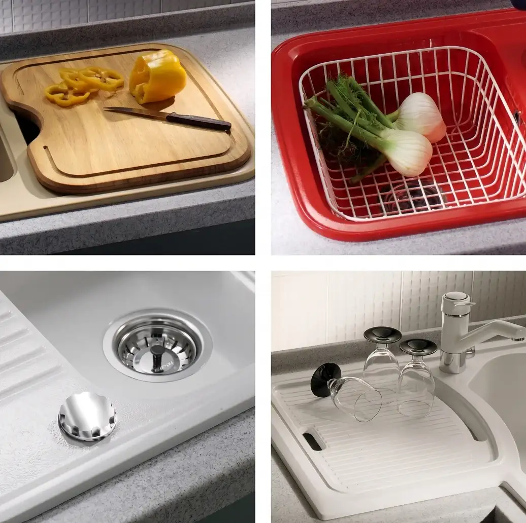 Quattro foto degli accessori del lavello Domino: tagliere, cestello, piletta e scolabicchieri, Telma Guzzini