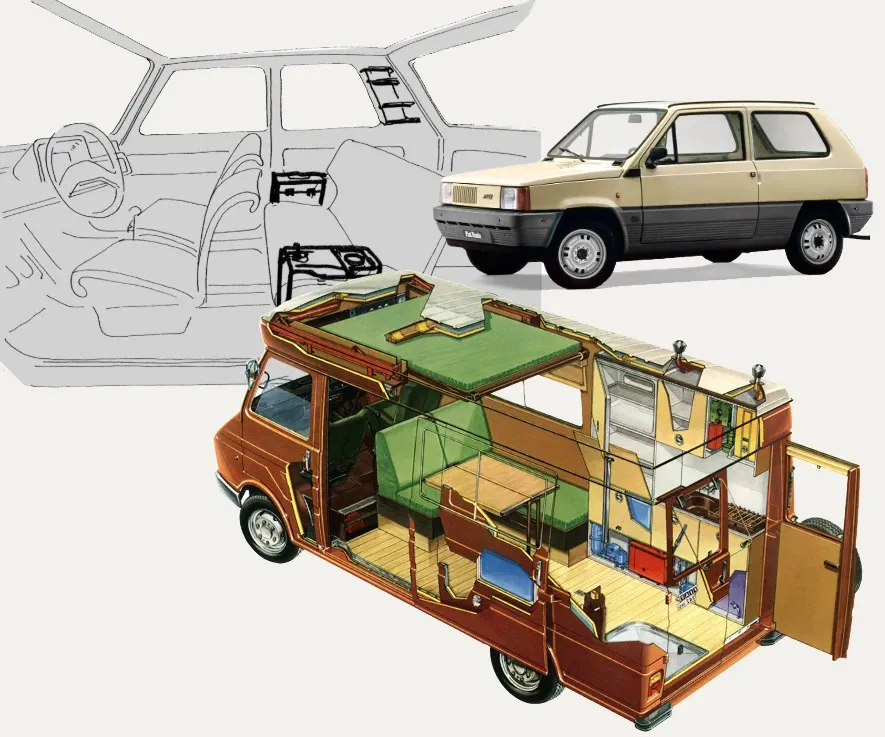 Progetti per Fiat: l’allestimento interno della Panda disegnato a linee, la Fiat Panda e lo spaccato del furgone attrezzato Doima