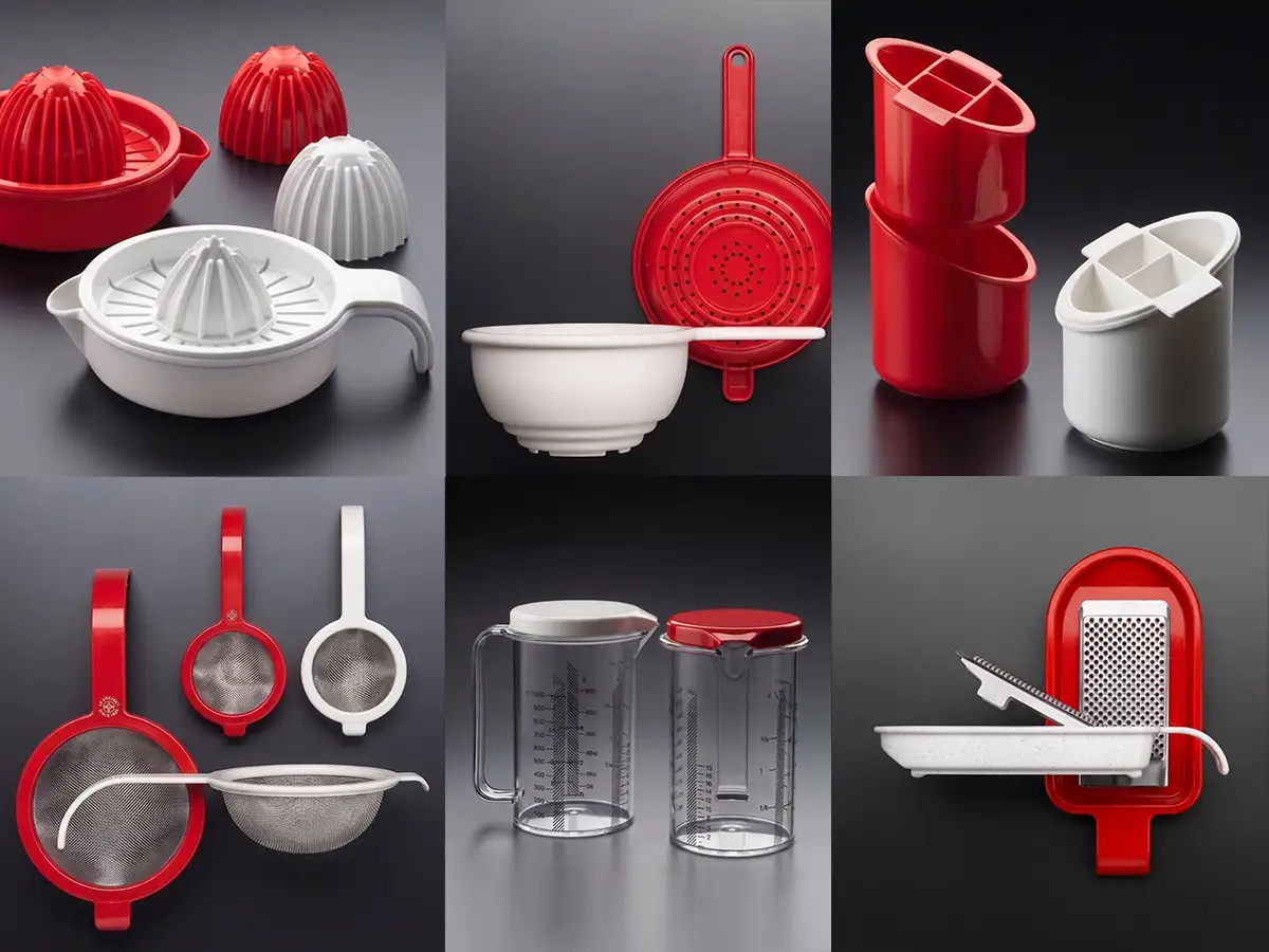 Sei dettagli della collezione Chef Line: spremiagrumi, colino, contenitori, caraffe e grattugia