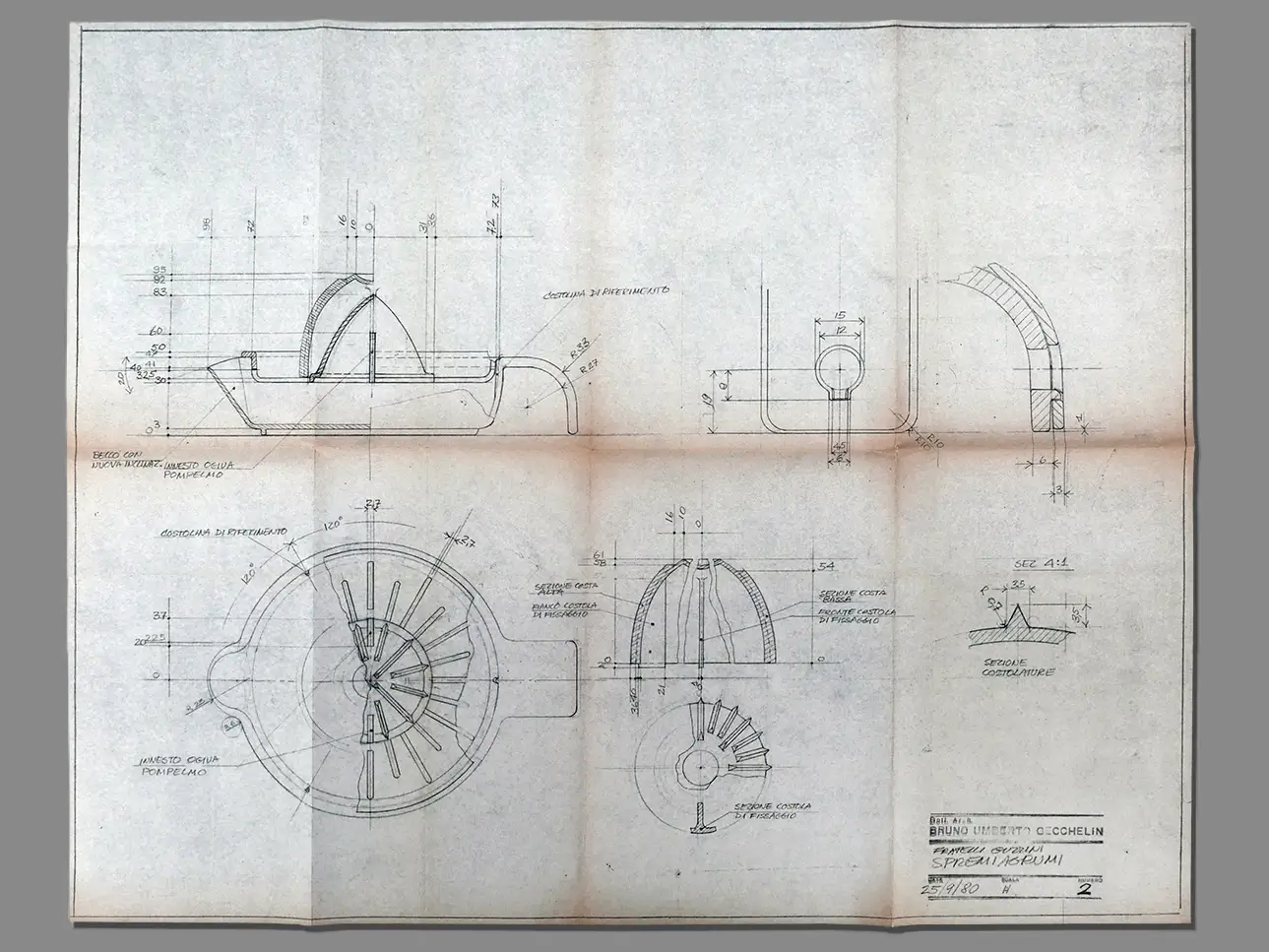 Disegno tecnico dello spremiagrumi Chef Line, datato 25 settembre 1980, firmato Bruno Umberto Gecchelin