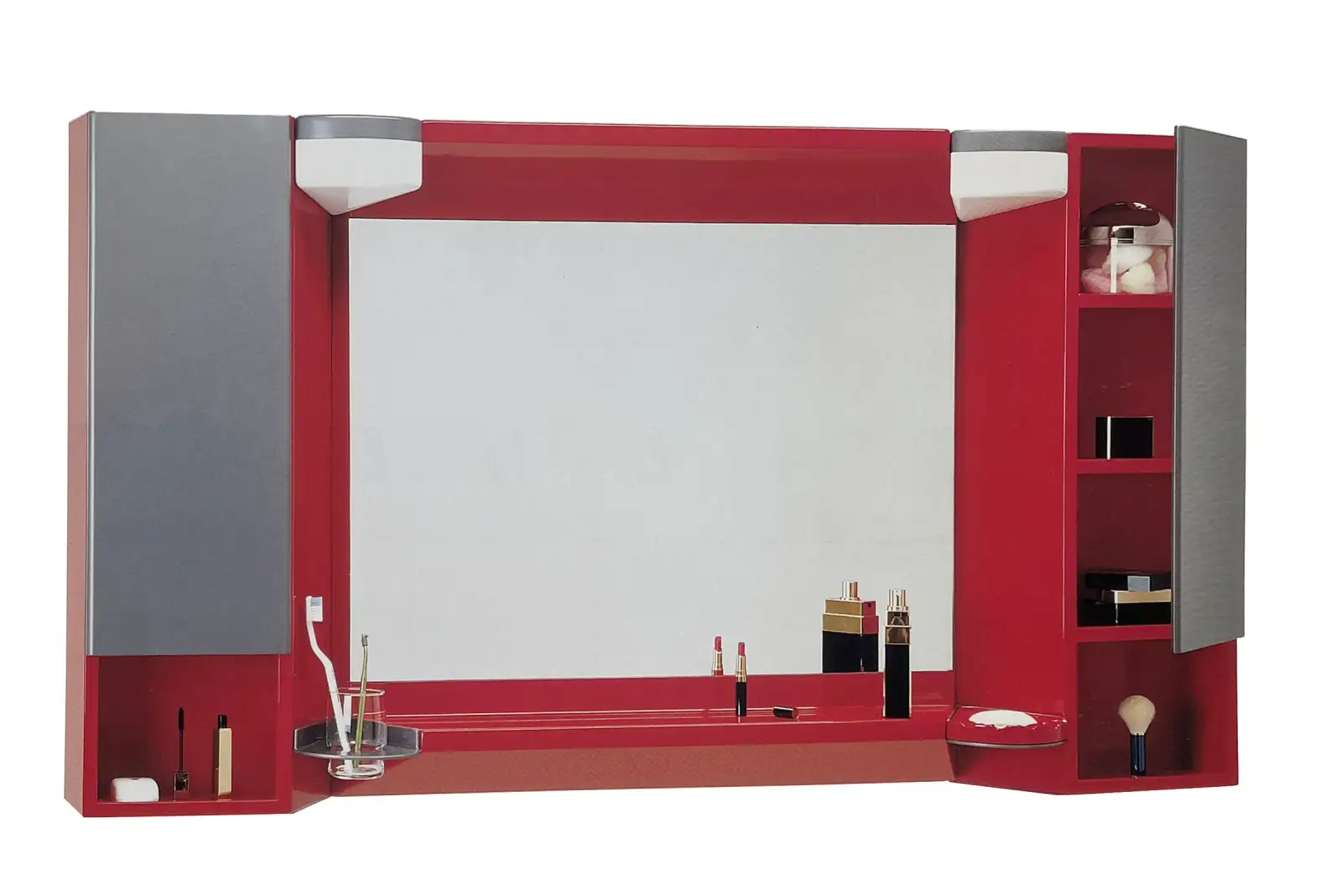 Specchiera Garbo rossa con ante laterali grigie, mensola e accessori da bagno, Metaform