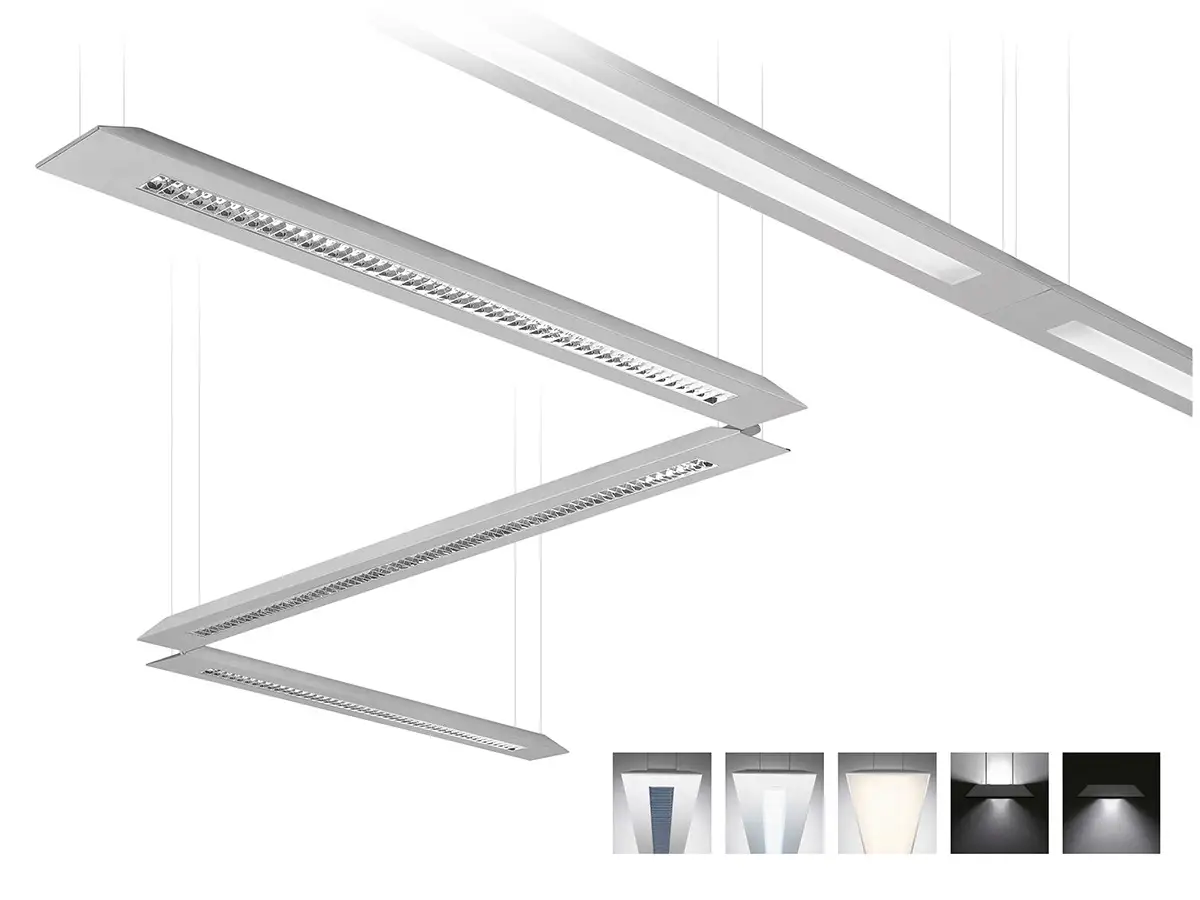Render di moduli Light Air collegati in sequenza spezzata, sospesi a cavi d’acciaio, con la striscia delle versioni di emissione