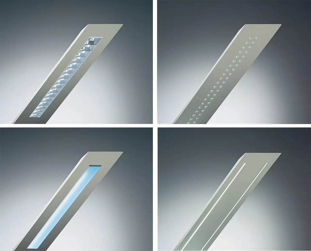 Quattro varianti di emissione sulla stessa faccia piana: schermo a lamelle, fila di punti luce, diffusore continuo, due tagli di luce