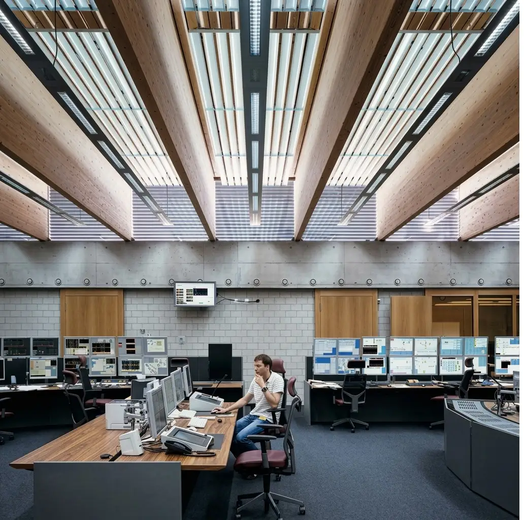 Sala di controllo con il soffitto in legno attraversato dai nastri di Light Air
