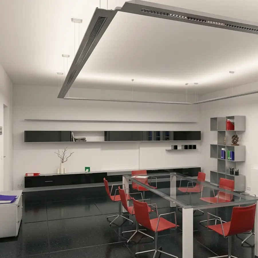 Sala riunioni con un anello di Light Air sospeso sopra il tavolo