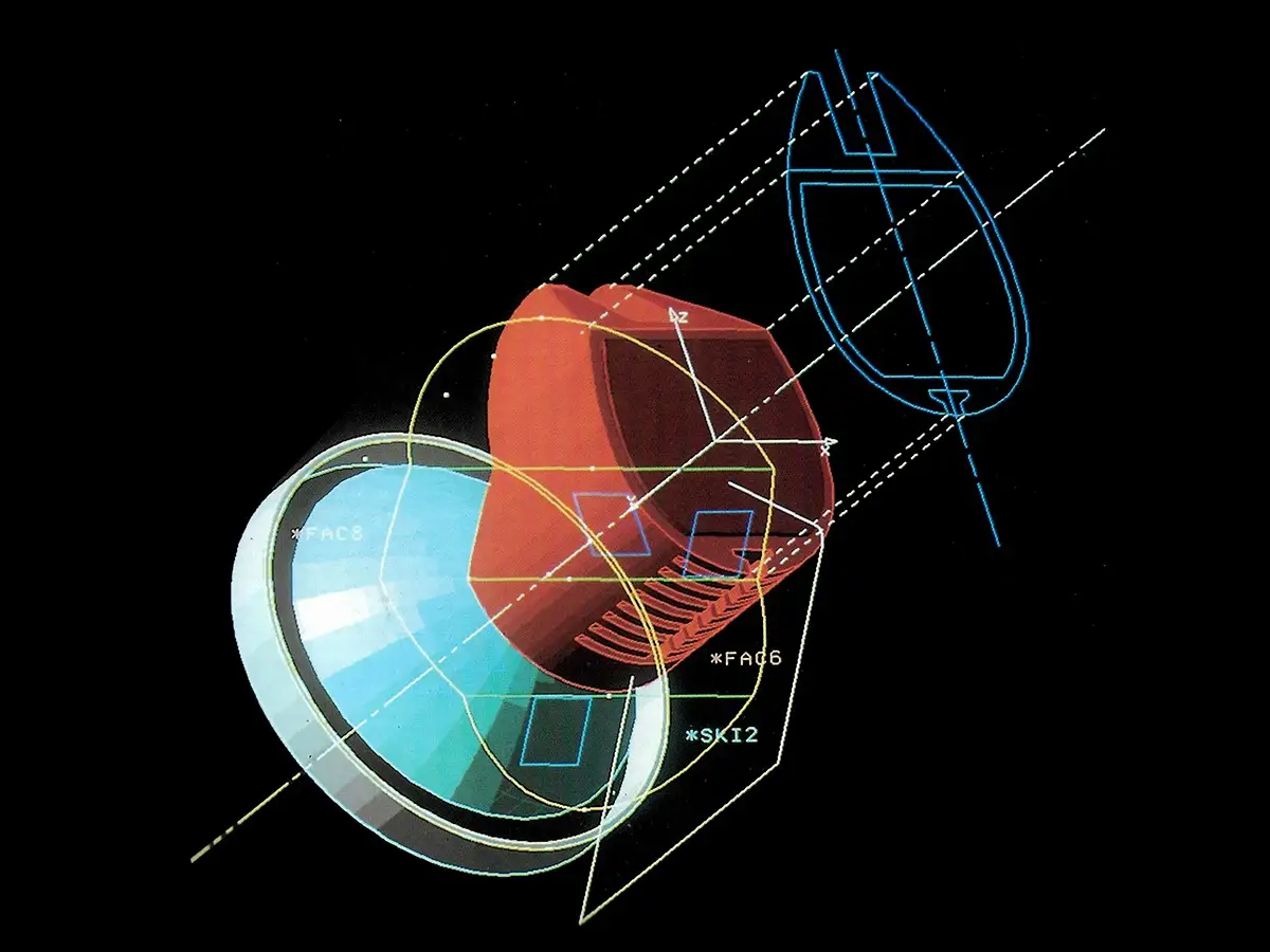 Disegno tridimensionale del proiettore con il volume ottico e il riflettore evidenziati a colori sul corpo in trasparenza