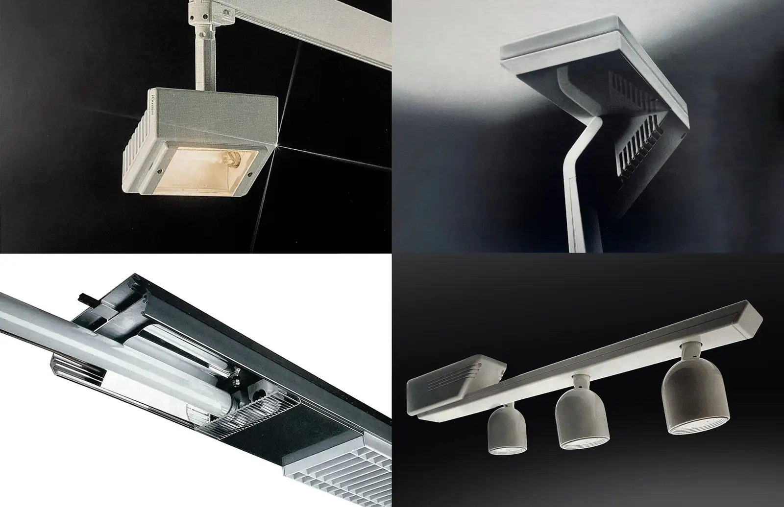 Quattro apparecchi tecnici iGuzzini precedenti a Shuttle: in alto il proiettore Virgola su binario e l’apparecchio a soffitto Mago, in basso il sistema lineare Prisma e i tre faretti Trio su barra