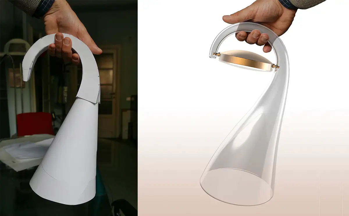Il modello in carta tenuto in mano accanto al render con l’impugnatura trasparente e l’anello luminoso