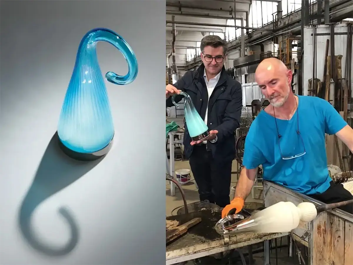 Il pezzo di vetro finito e la lavorazione in vetreria, con Lorenzo Gecchelin e il maestro vetraio al banco
