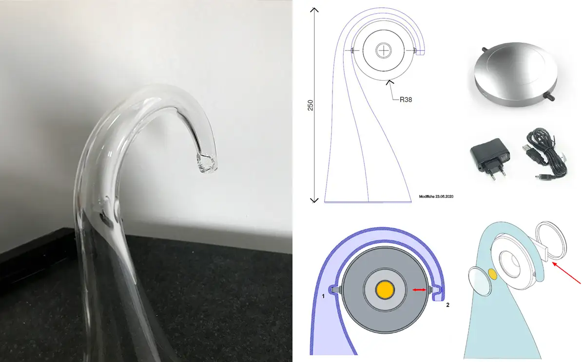 Dettaglio del gancio in vetro e disegni tecnici con quote, disco LED, batteria e alimentatore