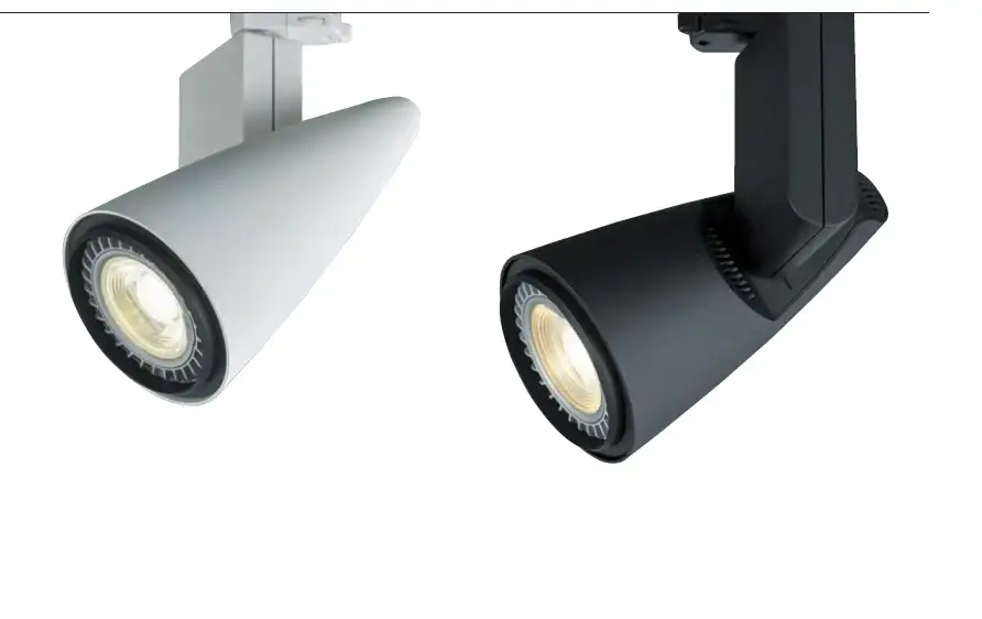 Due faretti Kiss LED conici su binario, uno bianco e uno nero, Raat