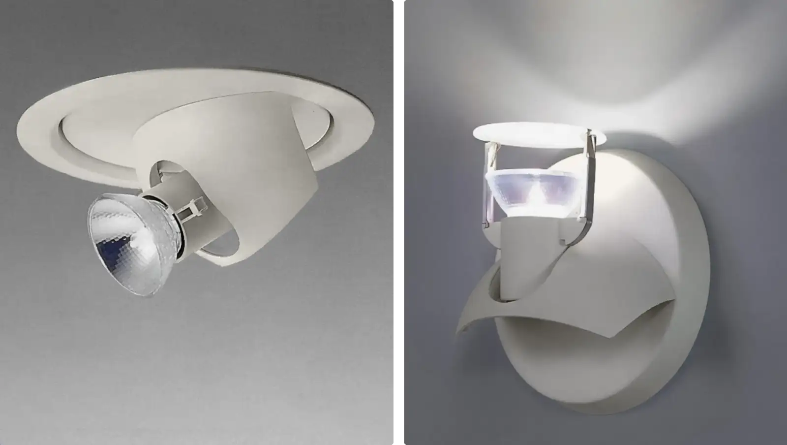 Faretto Lunalu in due versioni: orientabile da incasso a soffitto e a parete su piastra tonda, Matsushita Electric Works