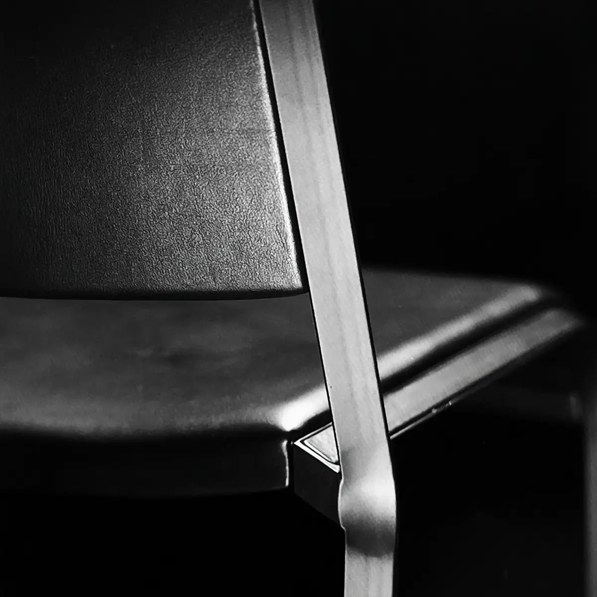 Dettaglio in bianco e nero della sedia Nota: schienale e sedile in pelle e la struttura in metallo che li attraversa, Poltrona Frau