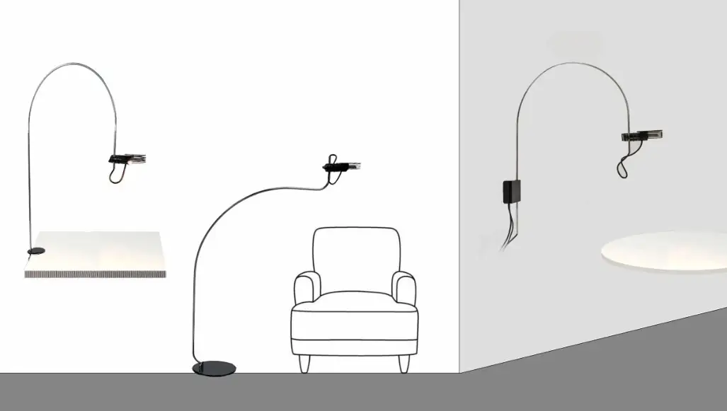 Disegni delle declinazioni di Wing: da tavolo, da terra ad arco e a parete
