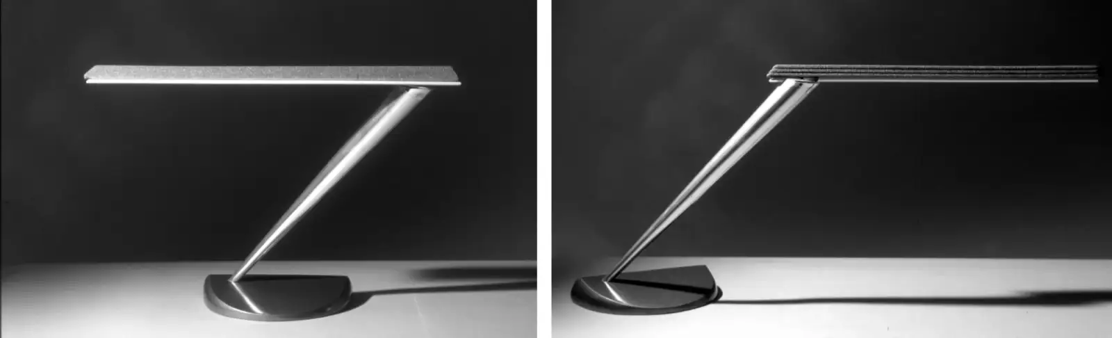 Due foto in bianco e nero della lampada da scrivania Pinocchio, con il braccio luminoso orientato in due direzioni opposte, Matsushita Electric Works