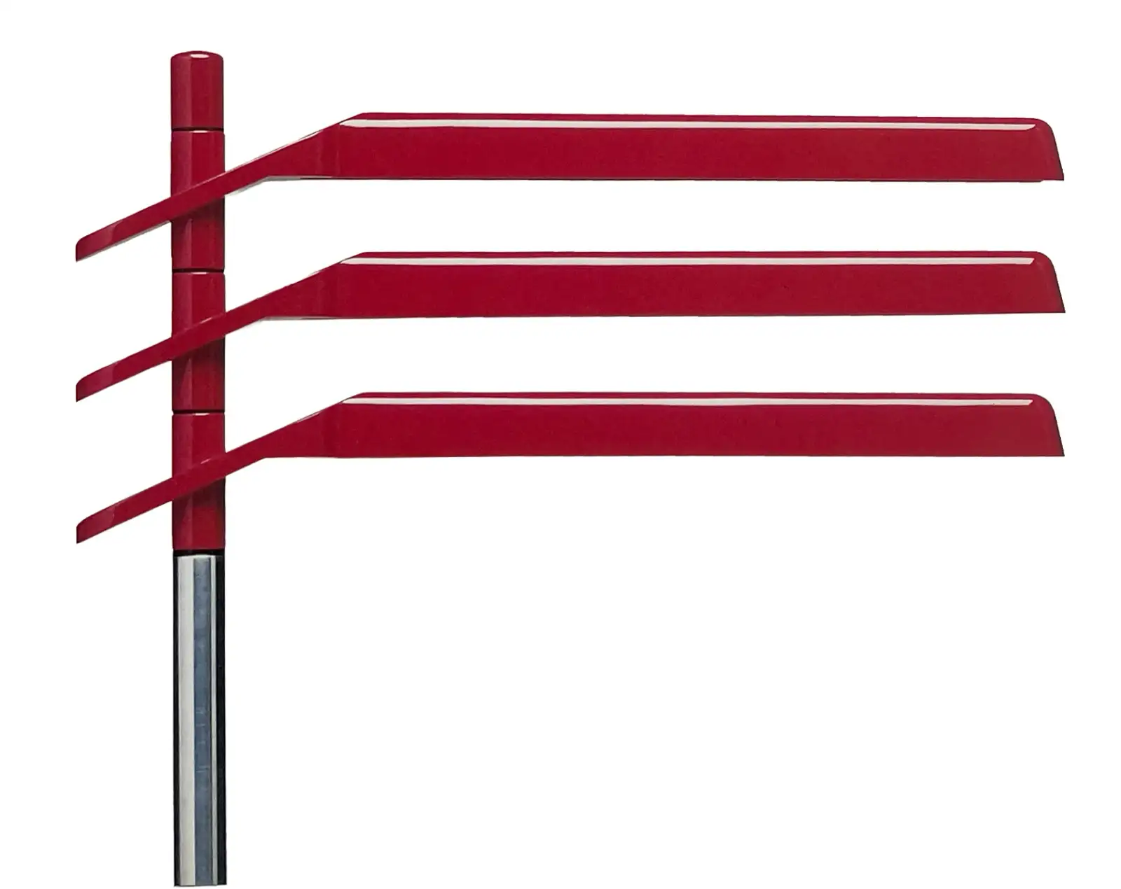 Dettaglio di un portasalviette con tre bracci rossi su stelo in metallo, Metaform