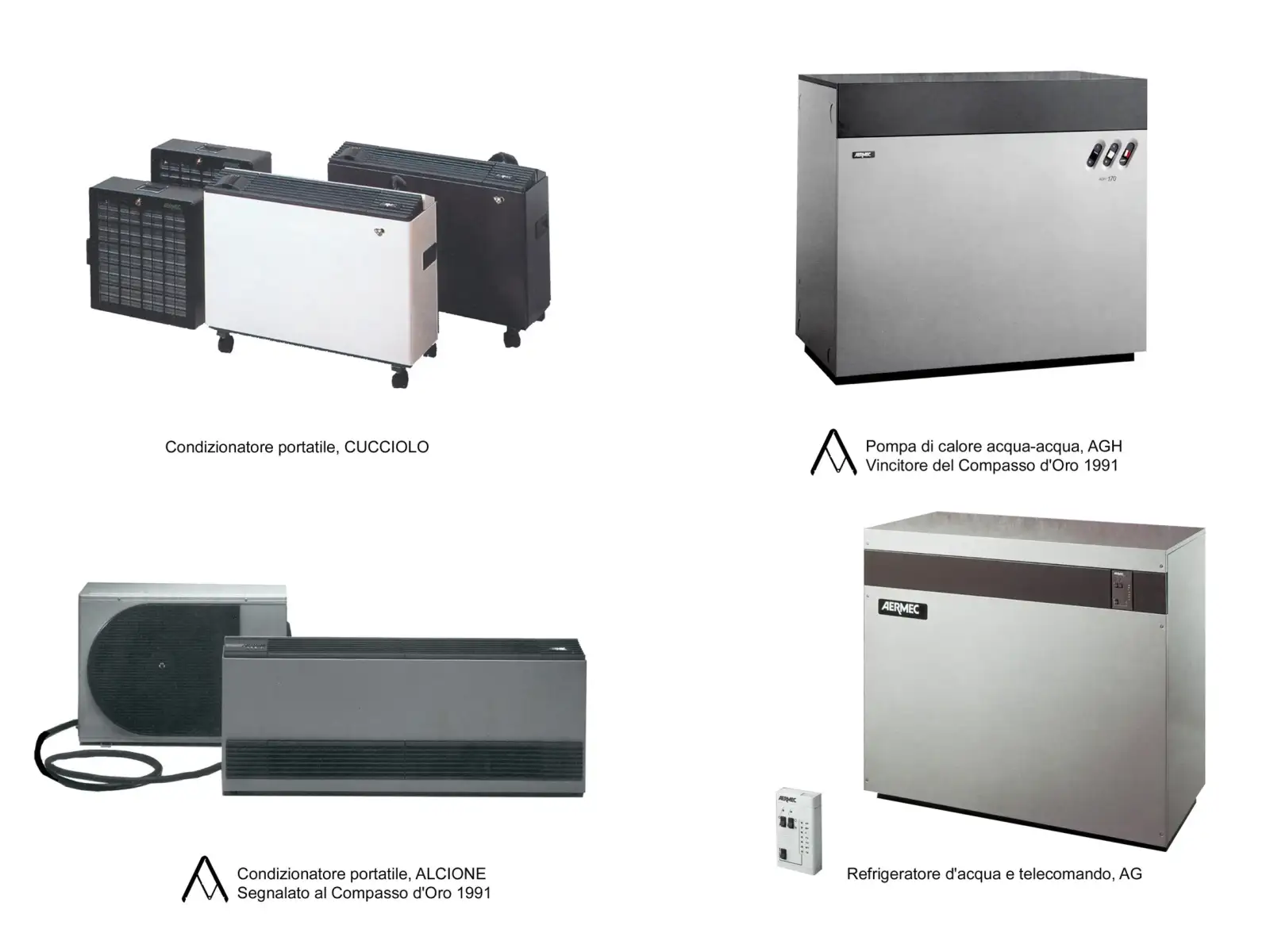 Quattro prodotti Aermec: condizionatore portatile Cucciolo, pompa di calore AGH, condizionatore portatile Alcione, refrigeratore d’acqua AG con telecomando, Aermec
