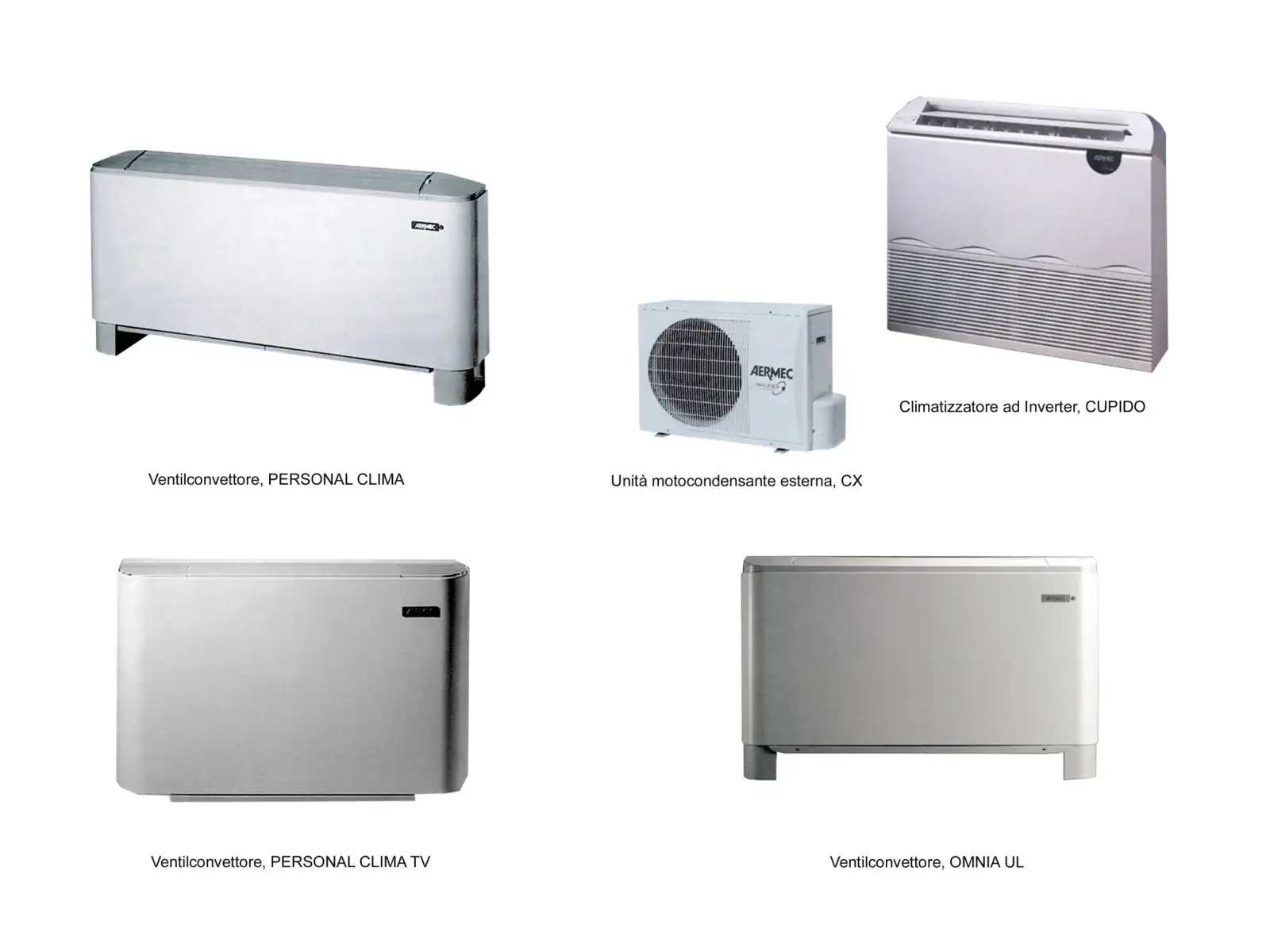 Cinque prodotti Aermec: ventilconvettore Personal Clima, unità esterna CX, climatizzatore a inverter Cupido, ventilconvettore Personal Clima TV e ventilconvettore Omnia UL, Aermec