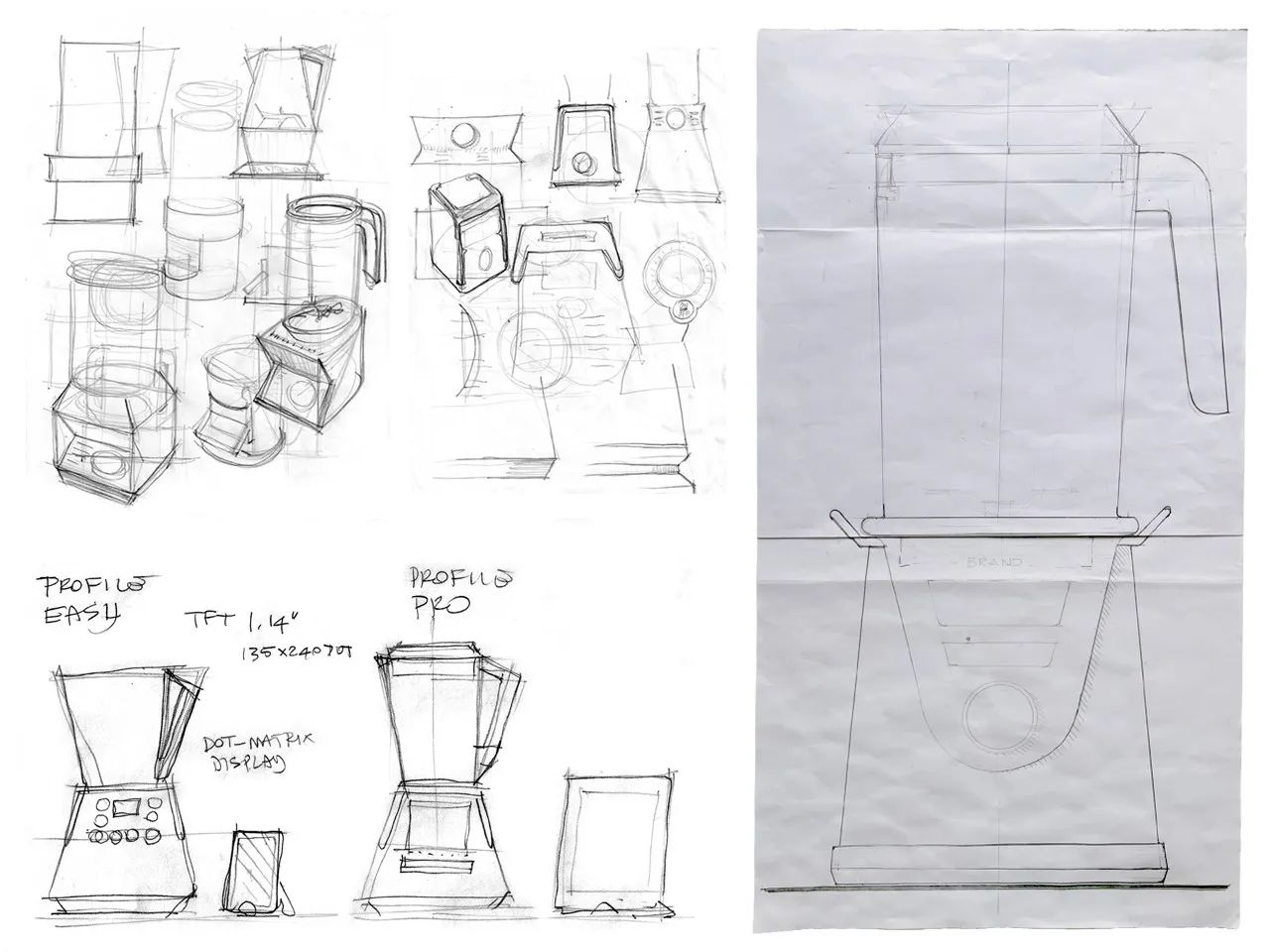 Schizzi a matita del frullatore: studi di forma, i profili Easy e Pro e il disegno in scala