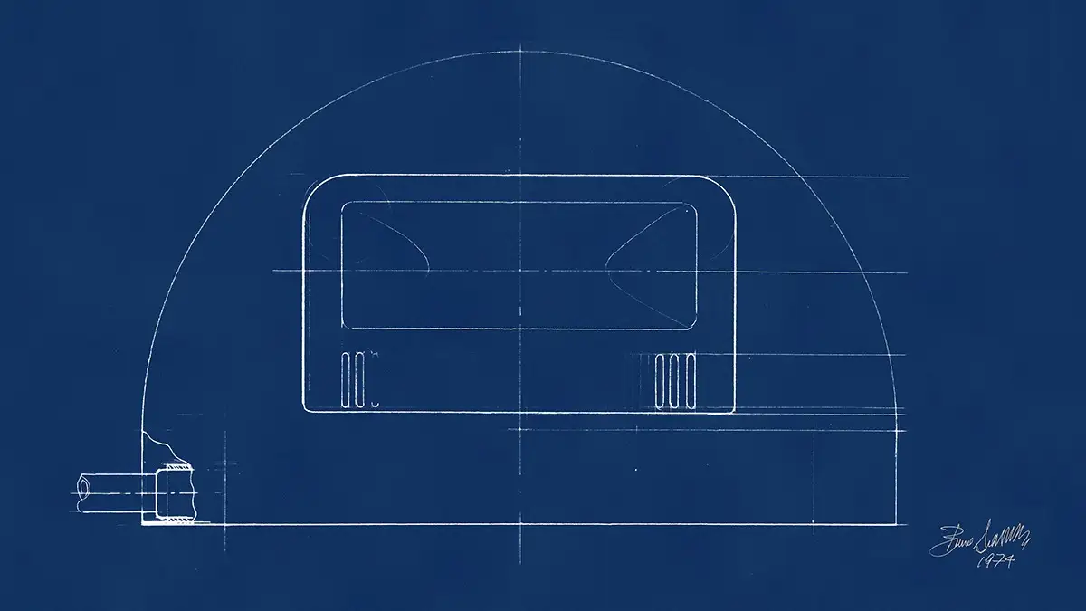 Disegno tecnico su fondo blu con la sezione della testa, firmato e datato 1974