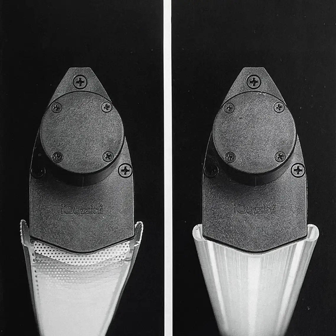 Dettaglio di due apparecchi Xo con testa in metallo pressofuso e schermo rigato; foto in bianco e nero, iGuzzini illuminazione